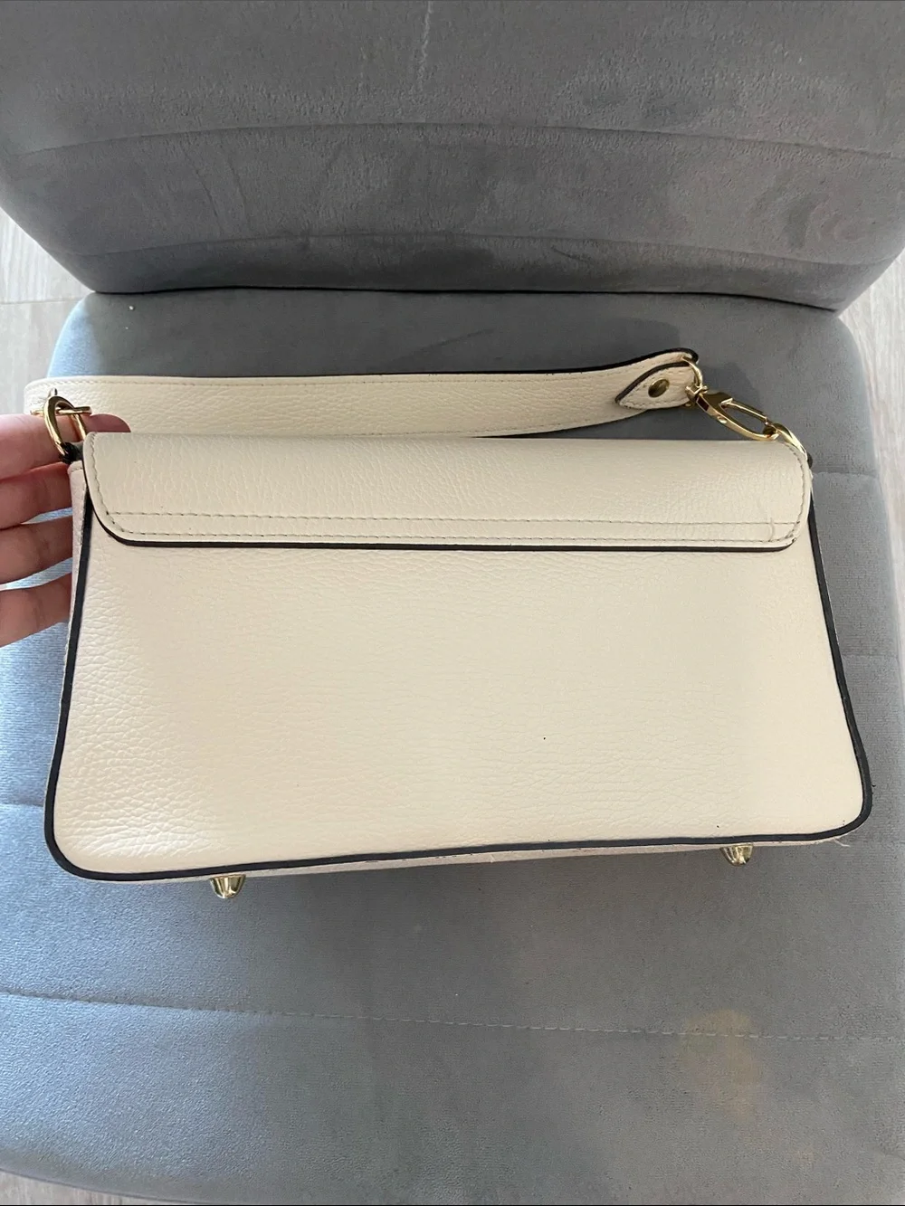 Cream Leather Shoulder Bag with Gold Buckle Accent